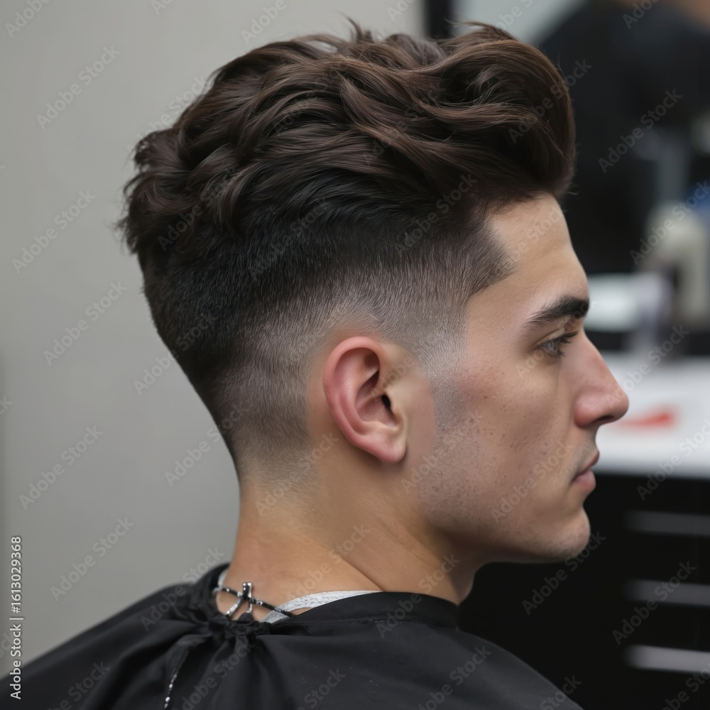 Obraz premium Man waits for haircut in barber chair. Black cape indicates professional environment. Chair positioned in front of mirror reflects scene. Classic style haircut with short bob, side-partitioned bangs.