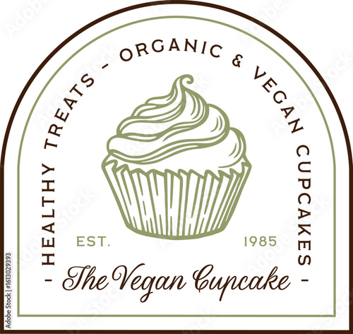 Vegan cupcake organic healthy treats plant based whole food homemade cake dessert logo label sticker packaging. Fancy retro vintage green aesthetic text drawing illustration printable design clipart.