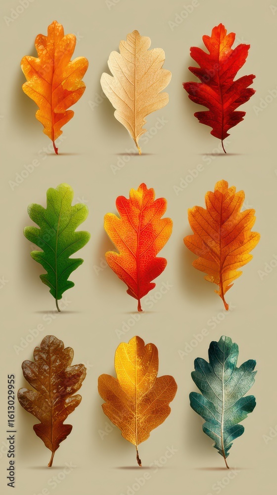 Obraz premium Display of autumn leaves in various colors arranged in a grid on a neutral background