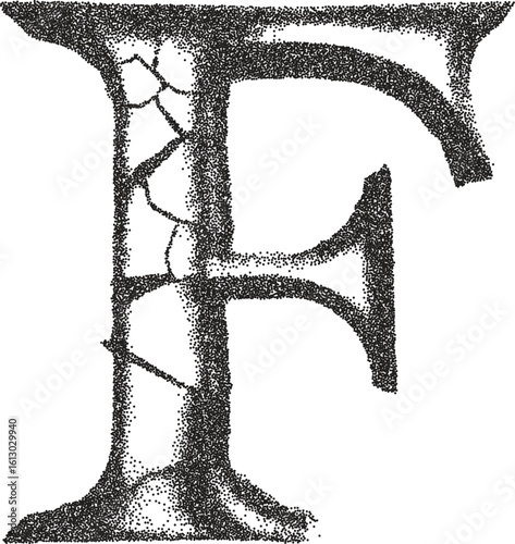 Letter F vintage y2k stipple art, cracked halftone stipple brutalist retro vector png with transparent background, stone 2000s aesthetic photocopy effect tattoo