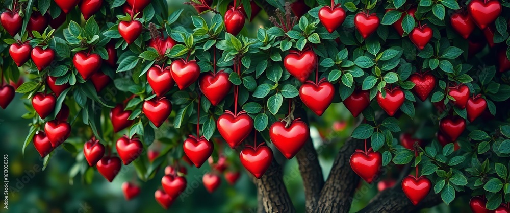Fototapeta premium Heart-shaped tree with red heart ornaments, lush green leaves, pretty, botanical