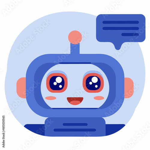 Chatbot face with smiling expression and speech bubble on blue background  