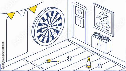 Isometric Illustration of a Game Room with Dartboard, Party Bunting, and Scattered Items, Featuring Blue and Yellow Line Art Style