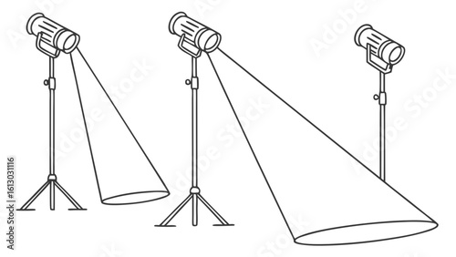 Professional Studio Lights on Stands with Cones of Light Beams - Line Art Vector Illustration for Photography and Video Production Lighting Equipment