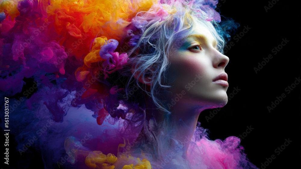 Fototapeta premium A beautiful woman with her hair made of colorful smoke, creative artistic portrait