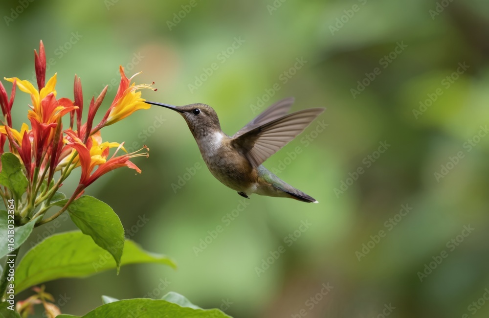 Fototapeta premium Hummingbird mid-flight hovers near vibrant red flower, wings blurred motion. Tiny bird head close to flower center, wings stretched out. Blurred green backdrop suggests rich garden. Low angle view
