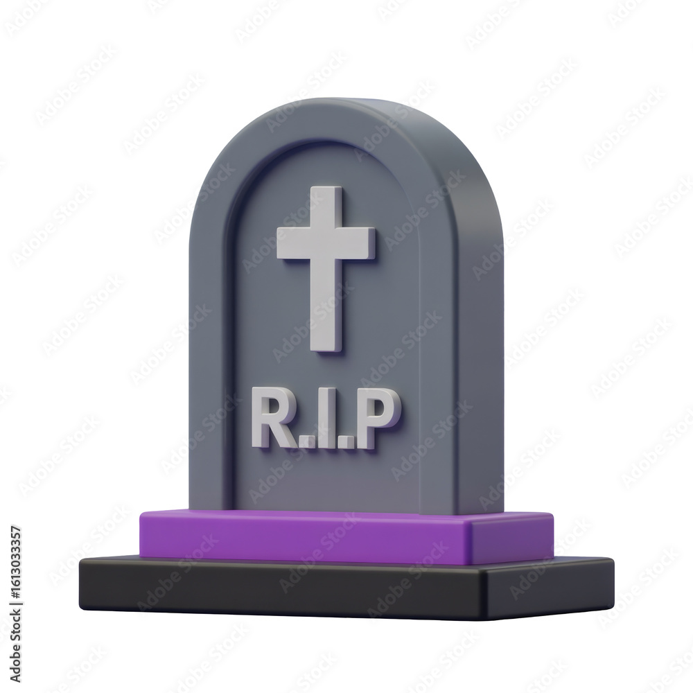 Fototapeta premium Rest in peace tombstone with purple base and cross symbol on black background in 3d illustration