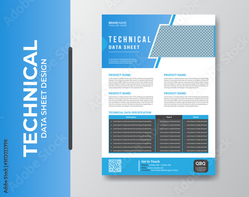 Technical Data Sheet Template with Blue Accents for Electronic Product Specs