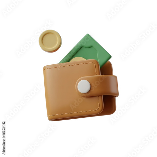 Digital 3d render of wallet with money and coin on black background for finance and budget purposes
