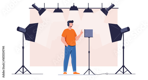 Vlogger in Studio: Man Recording Video with Professional Lighting Setup.