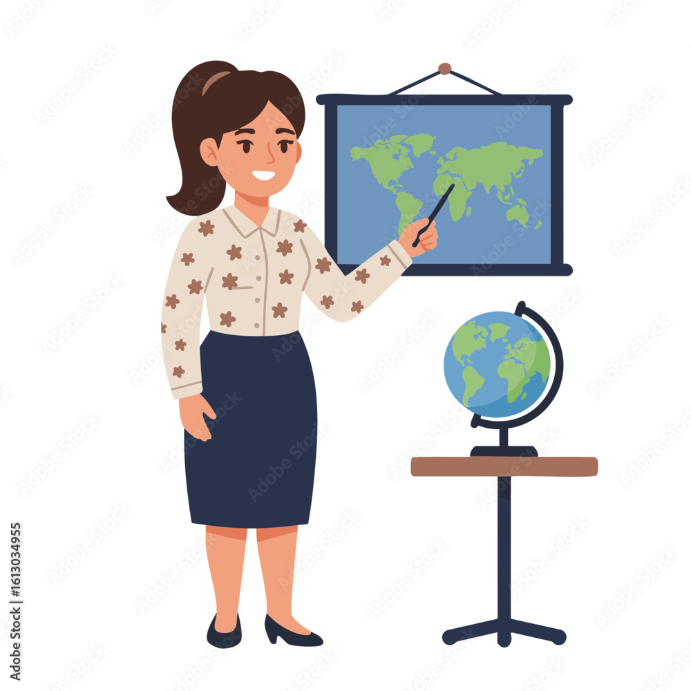 Fototapeta premium Female teacher pointing at classroom map with globe