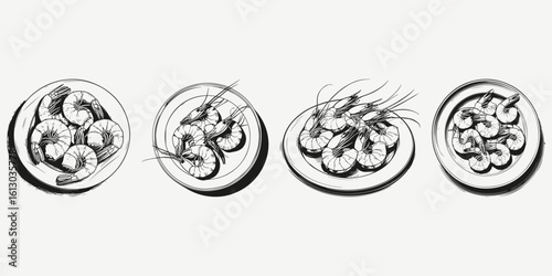 Shrimps on a plate sketch illustration vector