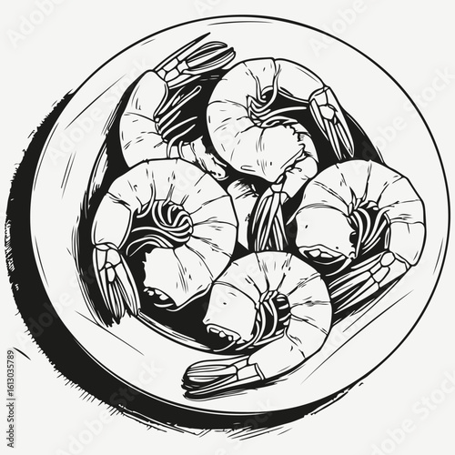 Shrimps on a plate sketch illustration vector