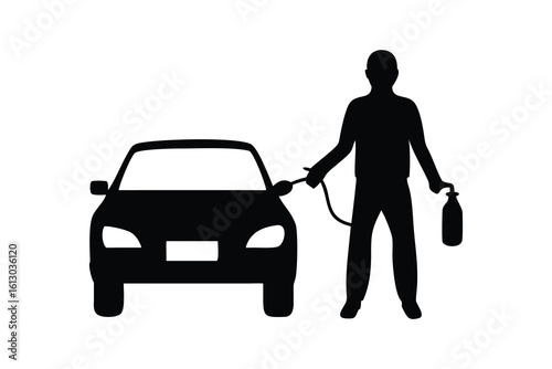 Silhouette of a person with a gas can and hose connecting to a car isolated on white background
