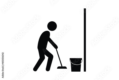 Simple black silhouette of a person mopping the floor next to a bucket isolated on white background silhouette