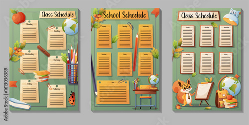 Set of three vertical vector illustrations of weekly school timetables for kids. Includes weekday names, school supplies, characters, and note sections. 