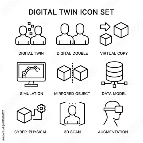 Digital twin simulation vector icons. Outline symbols. Line design