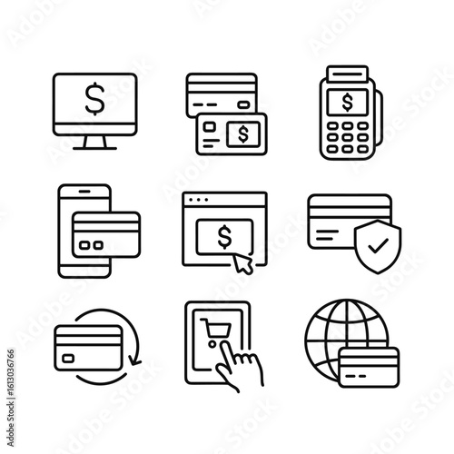 Financial payment icons collection vector. Outline symbols. Line design
