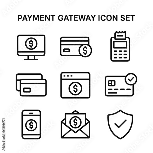 Payment processing gateway icons vector set. Outline symbols. Line design