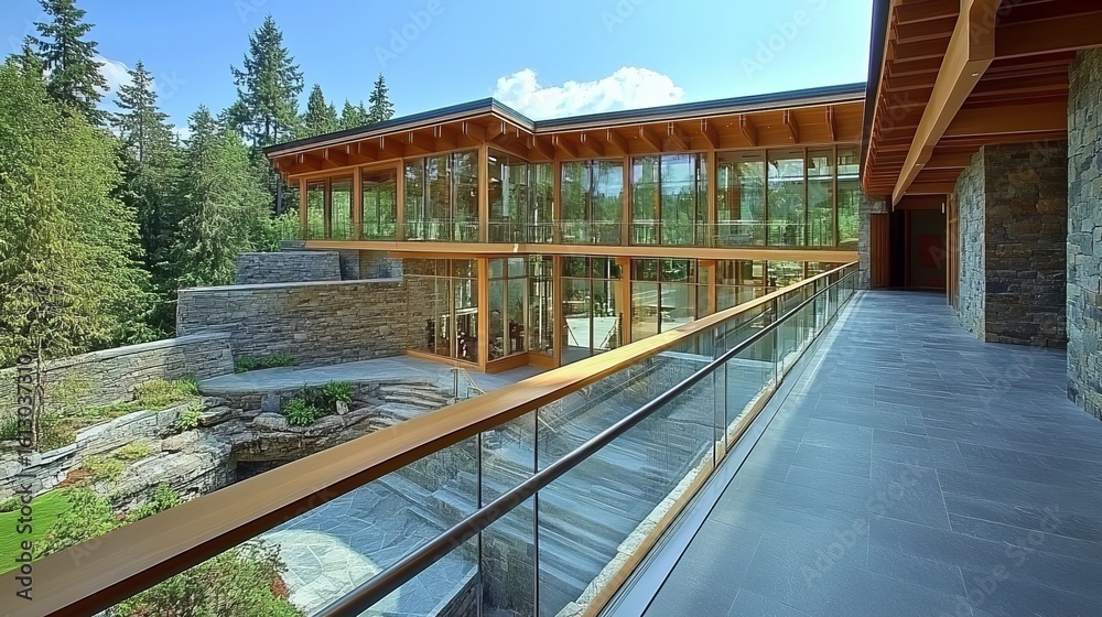 Fototapeta premium Modern house blends seamlessly with nature, featuring wooden beams, stone, & extensive glass. Elegant design showcases the outdoor surroundings