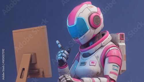 Pink & White Robot A futuristic robot, predominantly white with pink accents, is seen interacting with a monitor, pointing at the screen with its right hand, set against a clean blue background