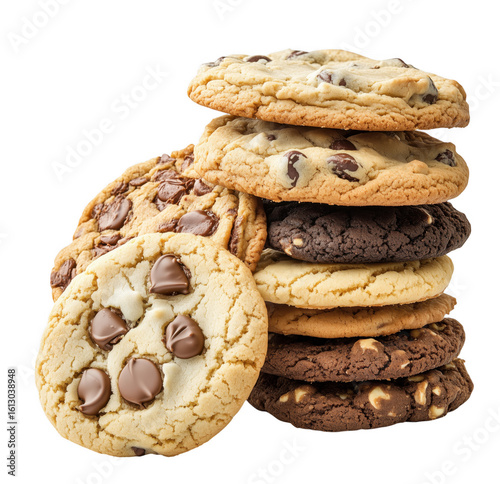 Delicious stack of freshly baked chocolate chip and assorted flavor cookies on transparent background