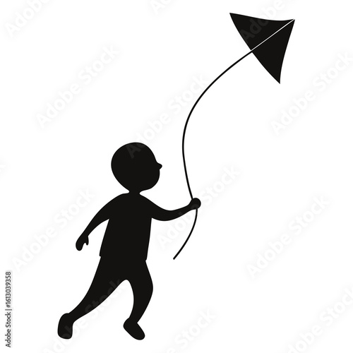 Child Flying Kite Silhouette Icon – Playful Childhood & Outdoor Fun Symbol on White Background

