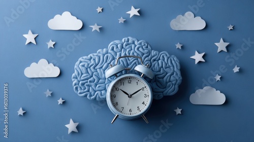 Whimsical brain shaped cloud hosting light blue alarm clock, nestled among paper crafted stars and clouds, symbolizing dreamy sleep against serene blue backdrop