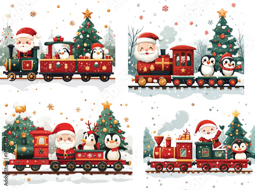 Festive Christmas Trains with Santa Claus and Penguins on a Snowy Background