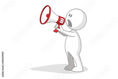Energetic cartoon character silhouette shouting loudly into a red megaphone isolated on white background