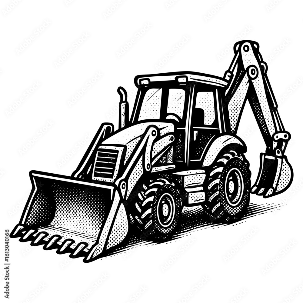 Naklejka premium Backhoe Loader Halftone Vector – Construction Comic Sketch