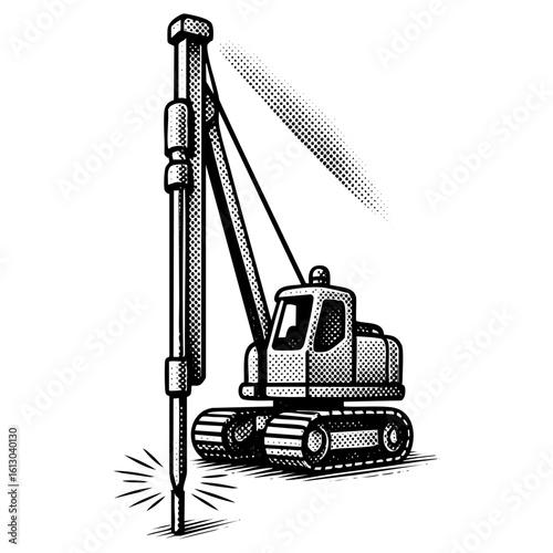 Piling Rig Machine Halftone Vector – Vintage Foundation Equipment Illustration