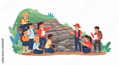 Animated students learning about geology with a teacher pointing at rock layers.