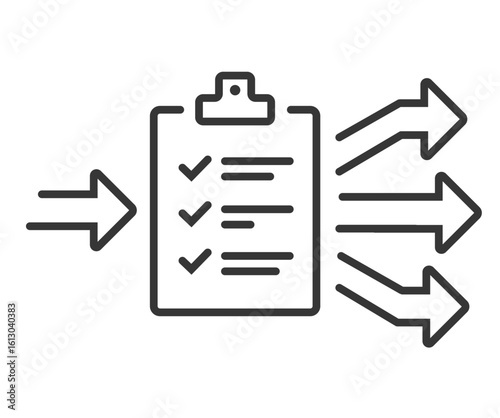 Business work flow audit check processes line stroke icon vector illustration, operation examine inspection of task structure organization workflow sign symbol, quality optimization solution scheme