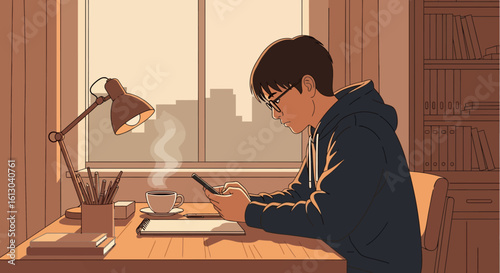 Anime-Style Boy with Glasses Using Smartphone at Desk with Coffee