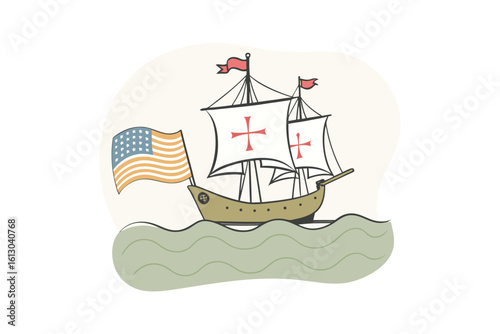 Vintage illustration of a historic sailing ship with an american flag on a white background silhouette isolated on white background