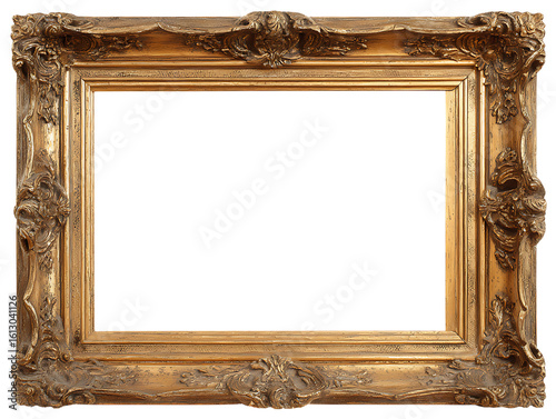Ornate antique gold picture frame with elaborate carvings and detailed scrollwork isolated on a transparent background