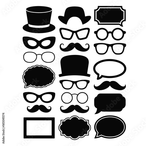 Black and white vector of Halloween photo booth prop pack with paper hats, masks, glasses, frame signs, speech bubbles, and mustaches