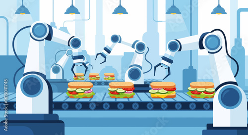 Automated sandwich production line with robotic arms assembling sandwiches