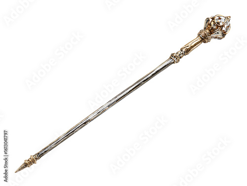Ornate gold scepter with clear faceted gemstone and pointed finial isolated on a transparent background