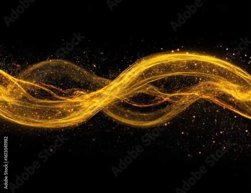 Abstract flowing golden waves sparkle and swirl against a stark black backdrop, creating a mesmerizing and dynamic energy. Particles seem to dance within the luminous, ribbon-like formations