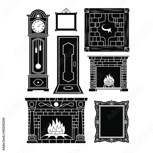 Black and white vector set of old mansion relics with clock, torn rug, hidden door, fireplace, and haunted photo frame
