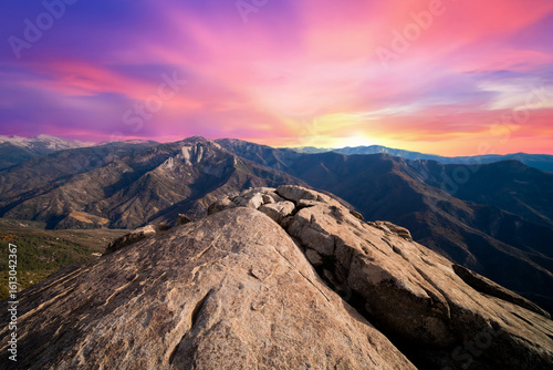 Beautiful landscape on the top of mountains with colorful sky,  Sunset at Sequoia National Park, California, USA	