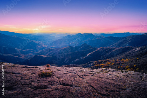 Beautiful landscape on the top of mountains with colorful sky,  Sunset at Sequoia National Park, California, USA	