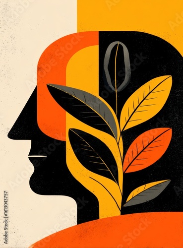 Abstract profile showing a thinking head filled with a plant reaching toward a coffee bean. Geometric shapes and flat design elements form a concept illustration with textured overlays
