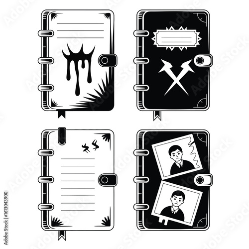 Cursed diary set with haunted pages blood ink cursed symbols and torn photos black and white vector