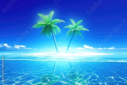 Tropical island landscape with blue ocean, palm trees, sunlight reflections, relaxing vacation scene
