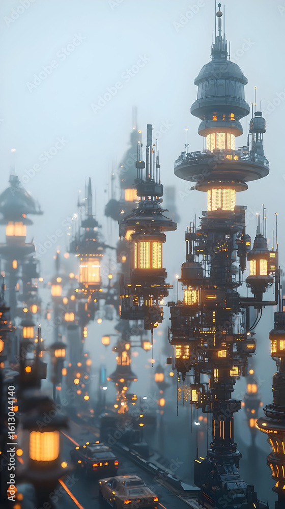 Fototapeta premium Floating Futuristic City In Fog With Glowing Lights