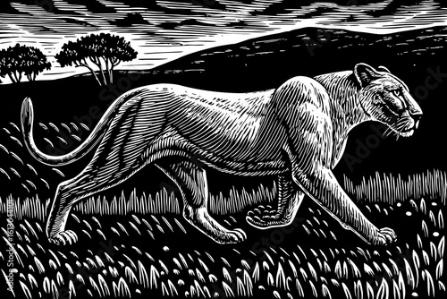 A lioness sprinting across open plains, her muscles flexed and expression sharp, captured mid-motion in a dynamic black and white line art illustration
