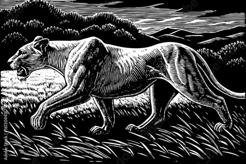 A lioness sprinting across open plains, her muscles flexed and expression sharp, captured mid-motion in a dynamic black and white line art illustration